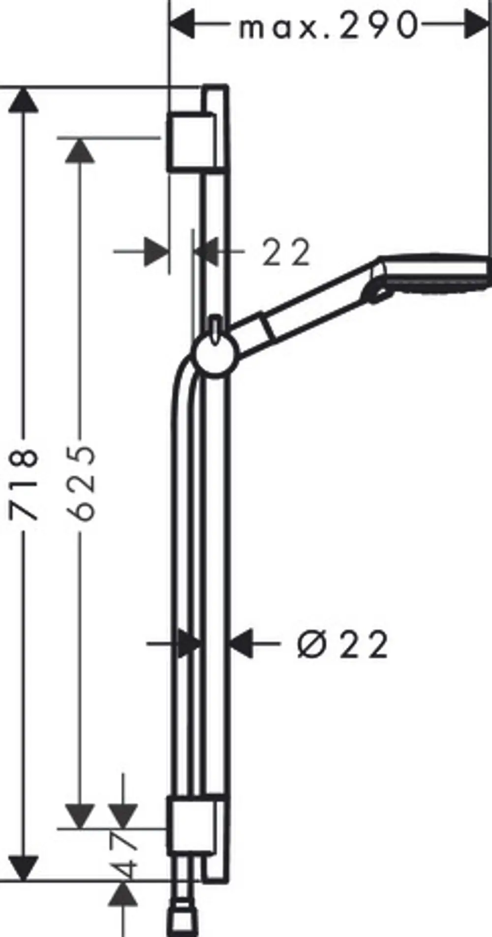 Hansgrohe Brauseset mit schmaler Brausestange und Halterung. Grafische Darstellung mit Maßangaben und Durchmessern, keine spezifischen Maße erkennbar.